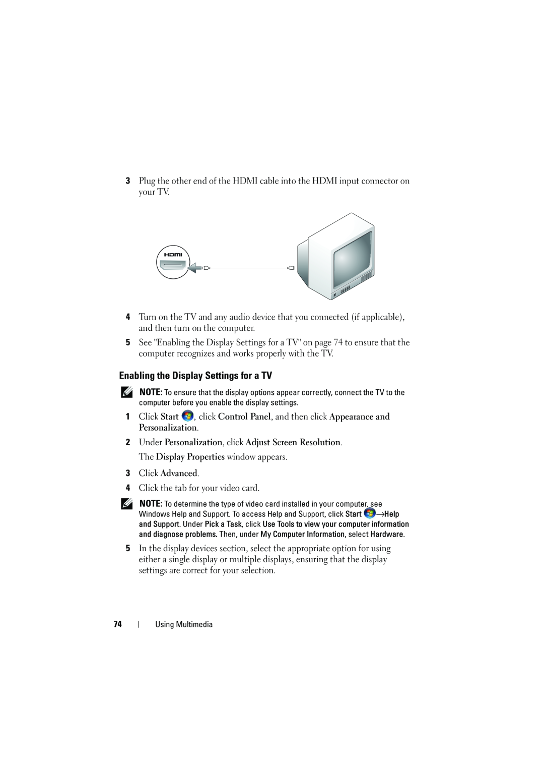 Dell 1525, 1526 owner manual Enabling the Display Settings for a TV 