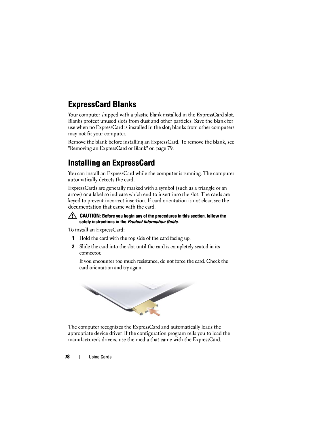 Dell 1525, 1526 owner manual ExpressCard Blanks, Installing an ExpressCard 