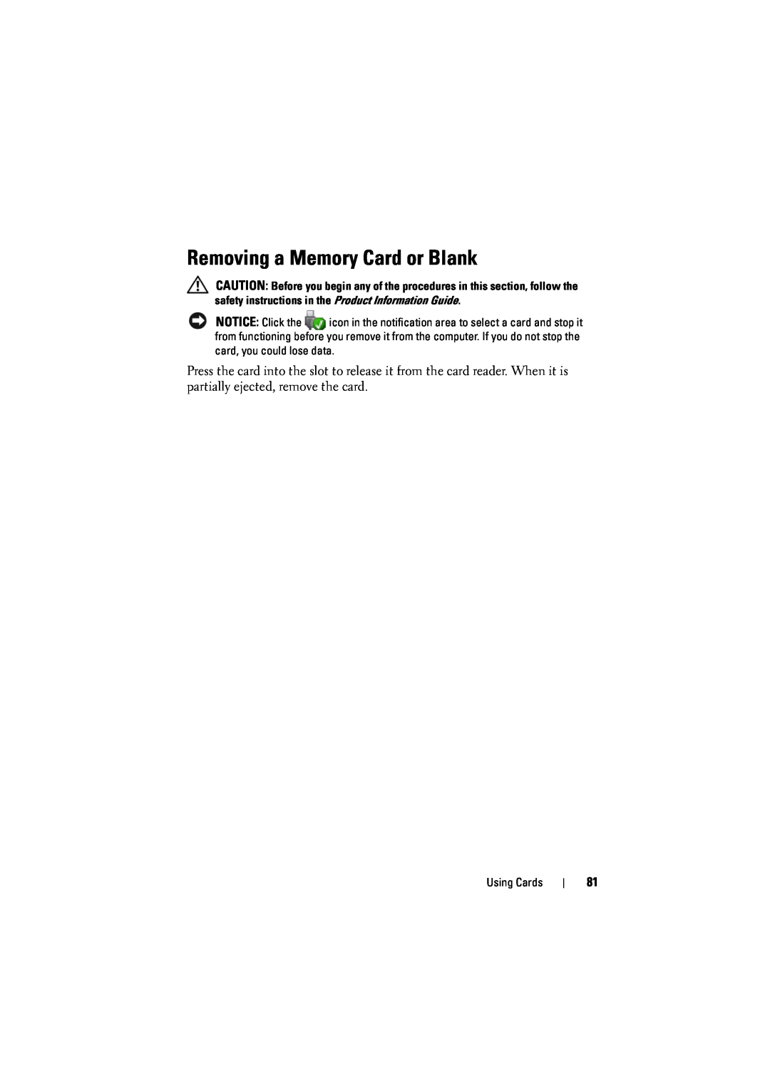 Dell 1526, 1525 owner manual Removing a Memory Card or Blank 