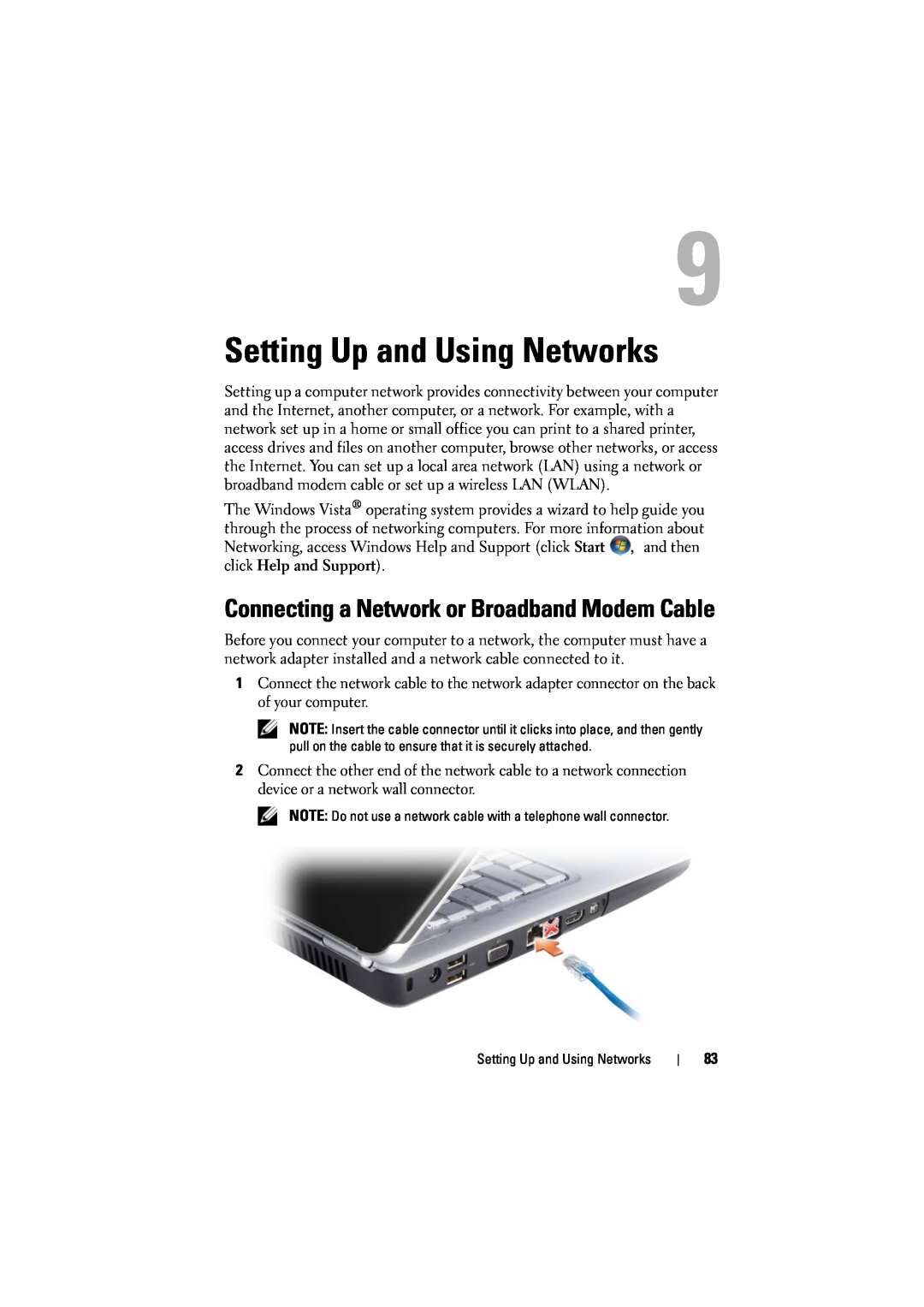 Dell 1526, 1525 owner manual Setting Up and Using Networks, Connecting a Network or Broadband Modem Cable 