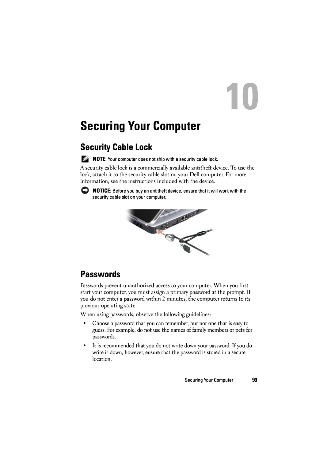 Dell 1526, 1525 owner manual Securing Your Computer, Security Cable Lock, Passwords 