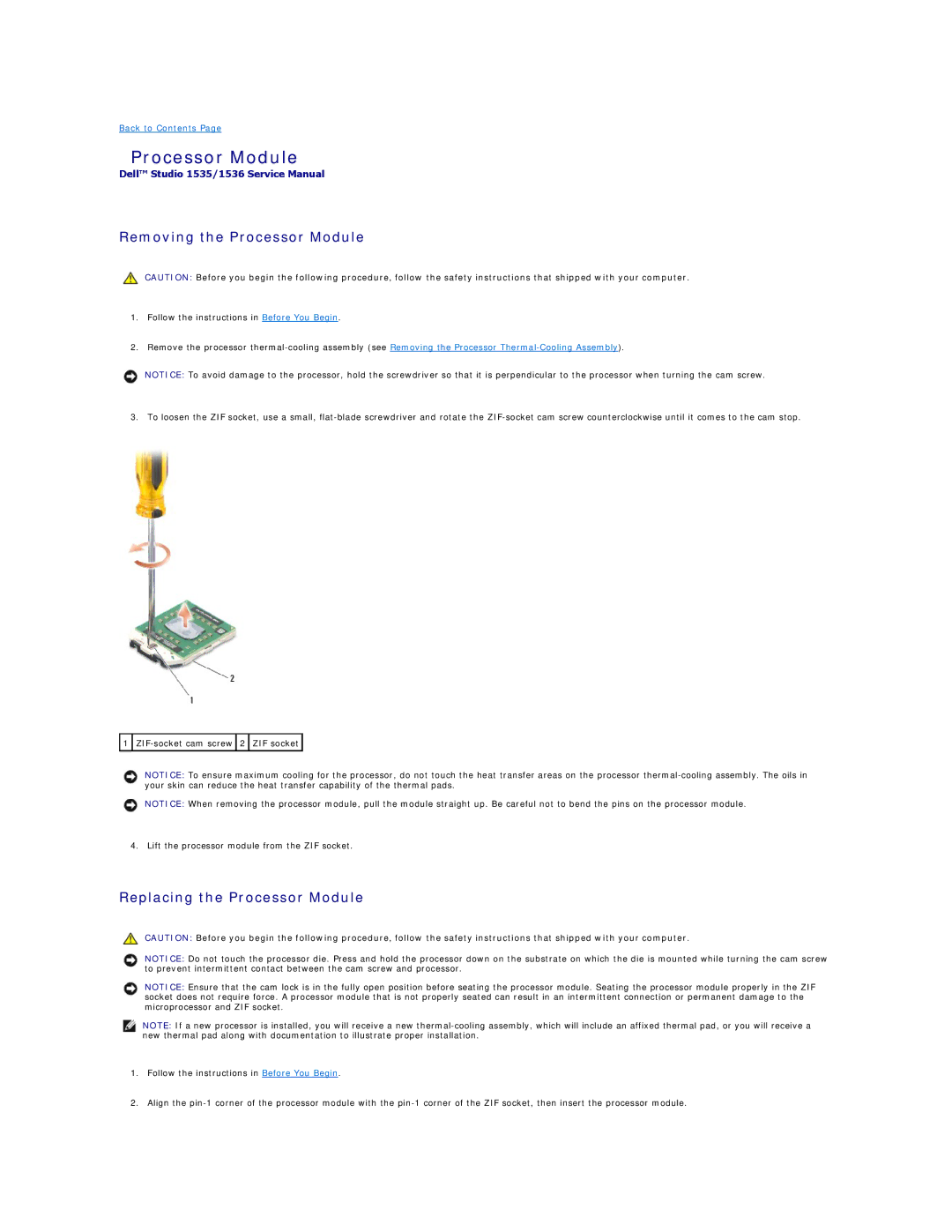 Dell 1535, 1536 manual Removing the Processor Module, Replacing the Processor Module 