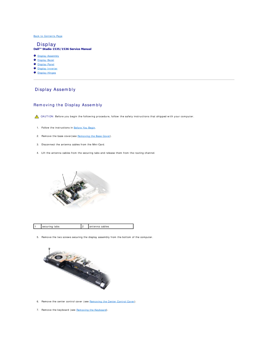 Dell 1535, 1536 manual Removing the Display Assembly 