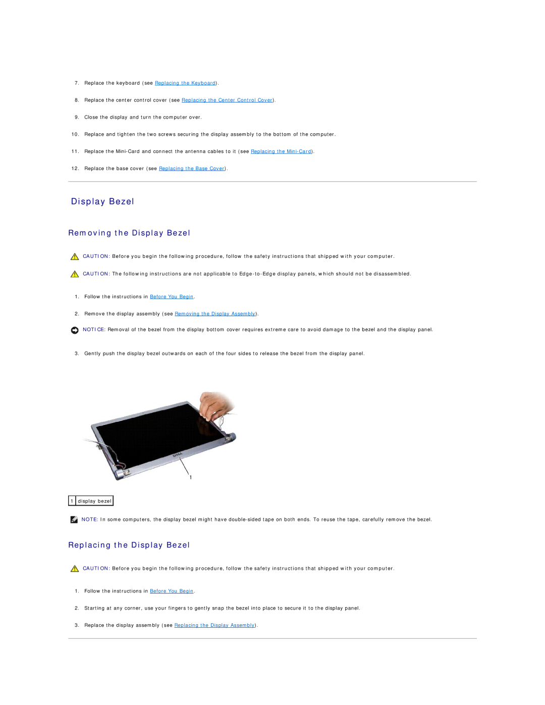 Dell 1535, 1536 manual Removing the Display Bezel, Replacing the Display Bezel 