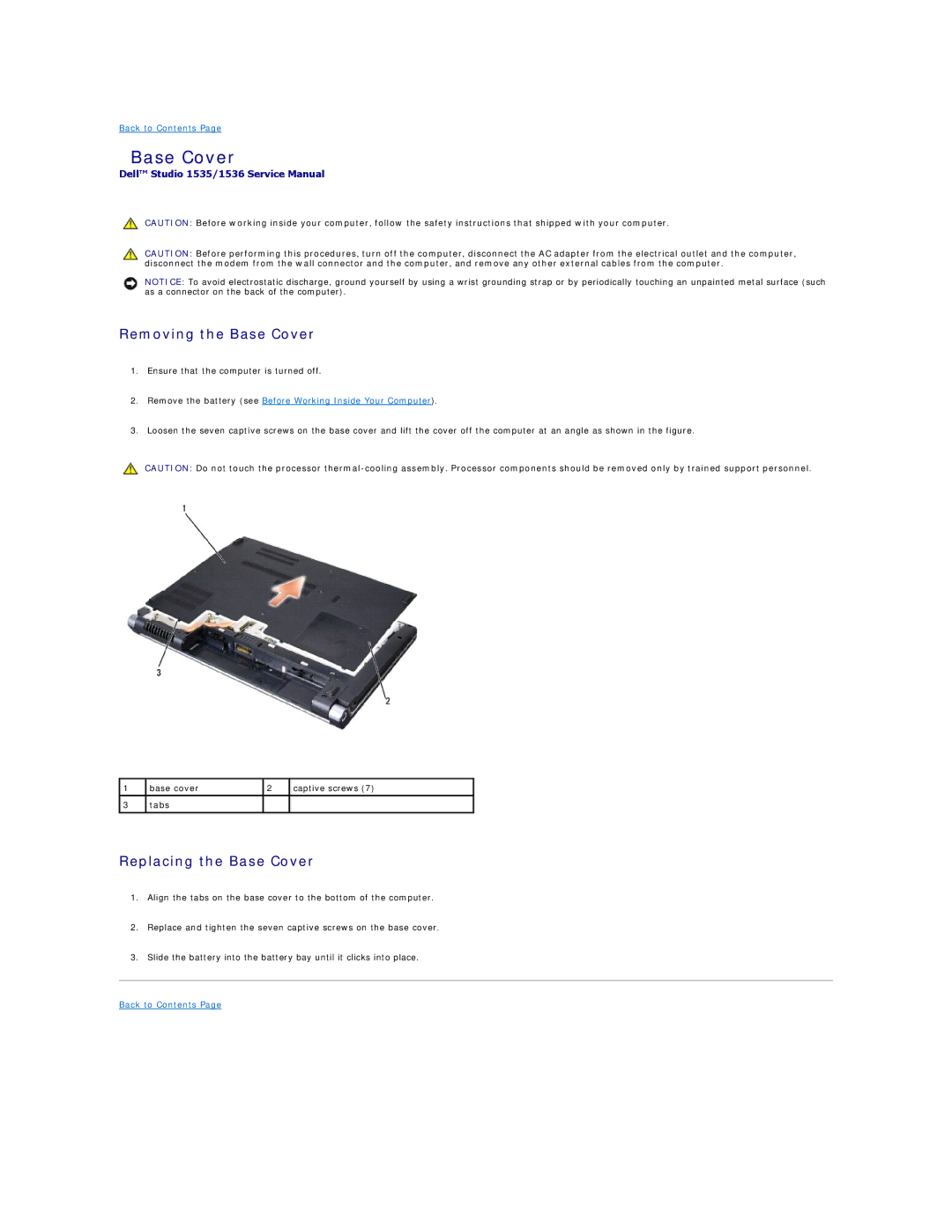 Dell 1535, 1536 manual Removing the Base Cover, Replacing the Base Cover 