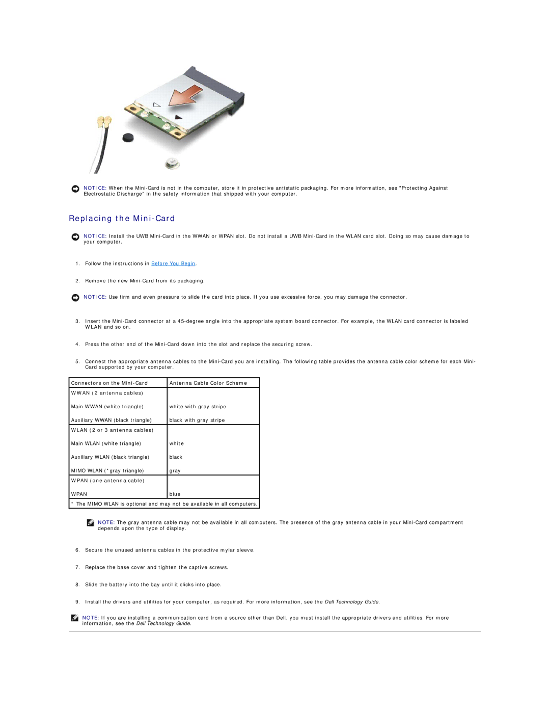 Dell 1536, 1535 manual Replacing the Mini-Card, Wlan 2 or 3 antenna cables 