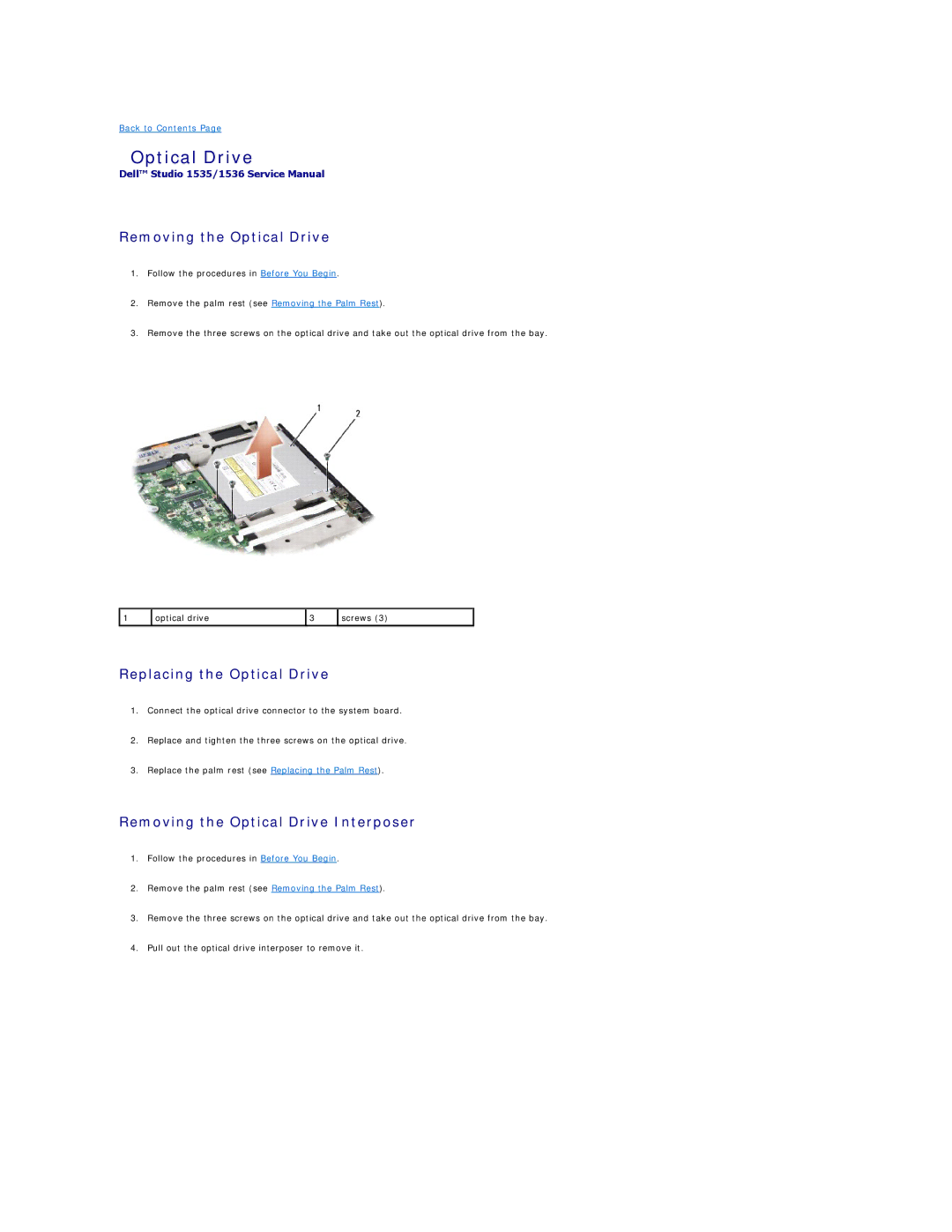 Dell 1536, 1535 manual Replacing the Optical Drive, Removing the Optical Drive Interposer 