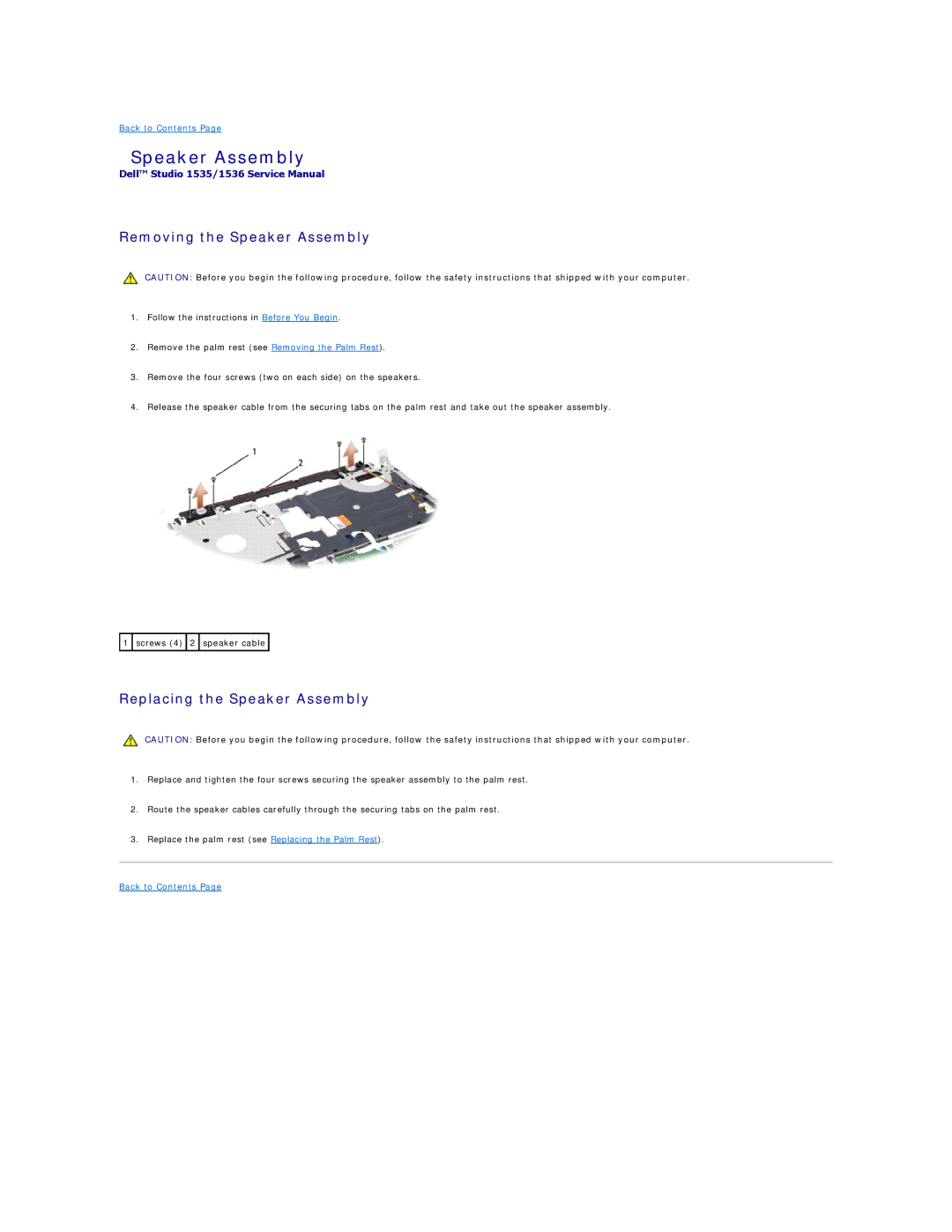 Dell 1536, 1535 manual Removing the Speaker Assembly, Replacing the Speaker Assembly 