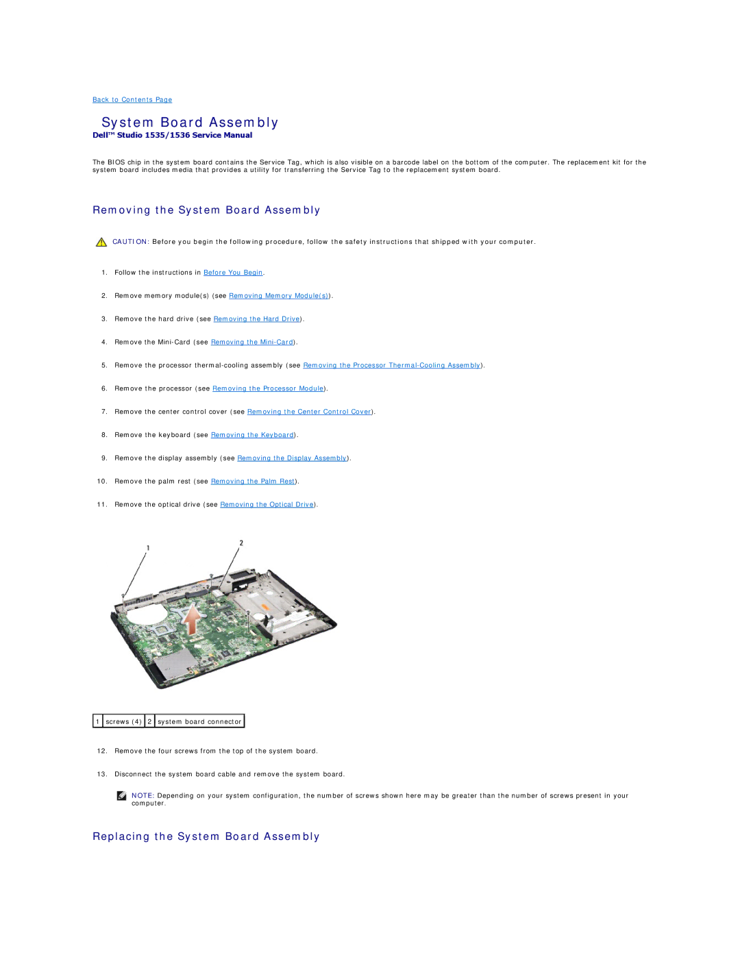 Dell 1535, 1536 manual Removing the System Board Assembly, Replacing the System Board Assembly 