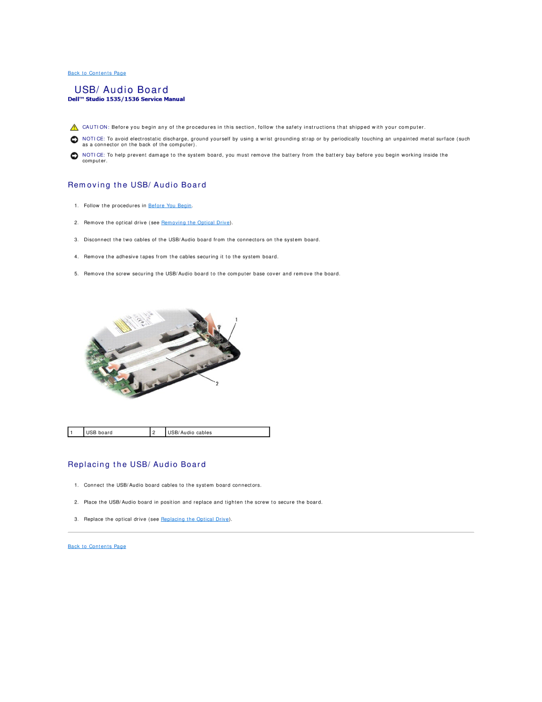 Dell 1536, 1535 manual Removing the USB/Audio Board, Replacing the USB/Audio Board 