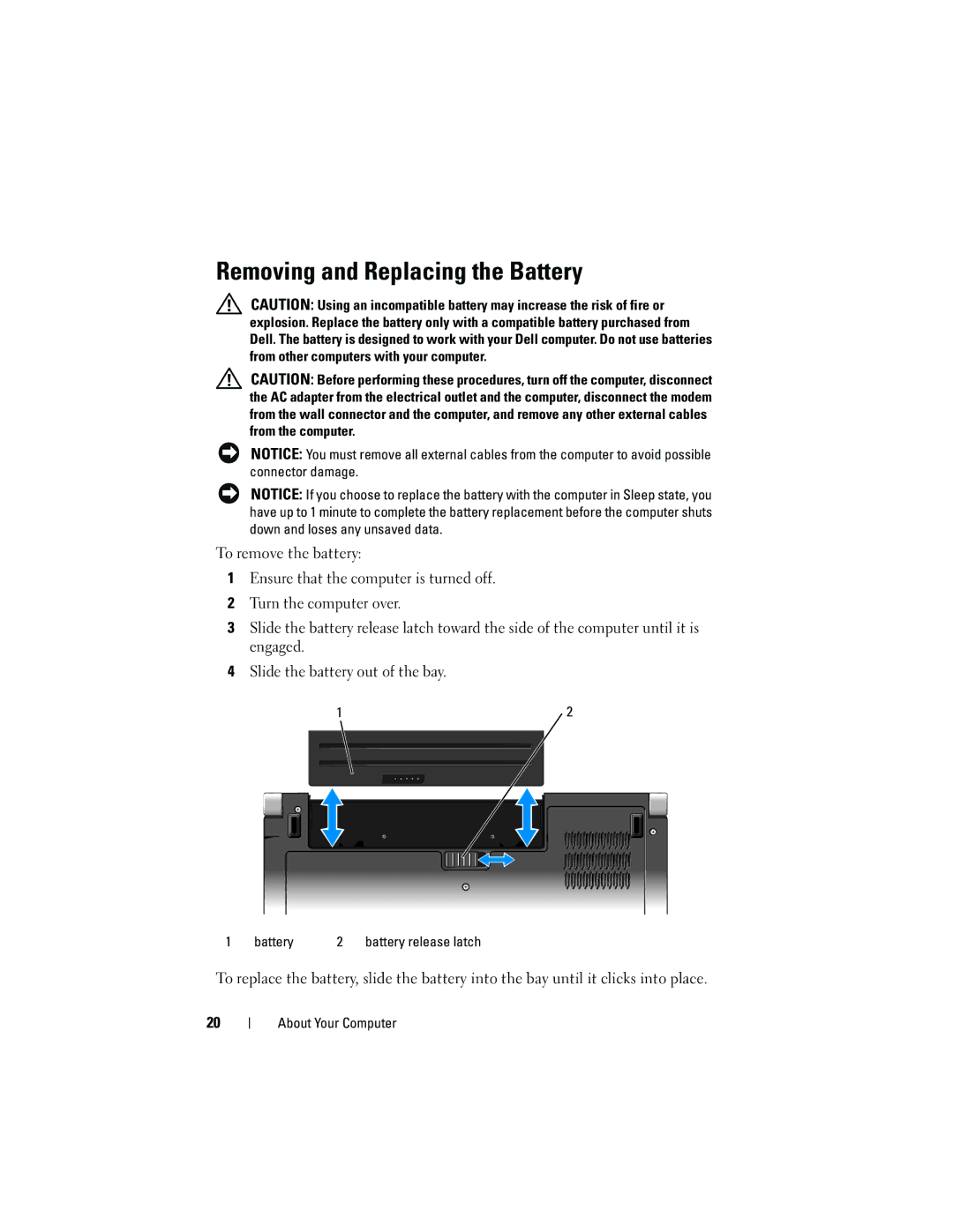 Dell 1535, 1536 manual Removing and Replacing the Battery 