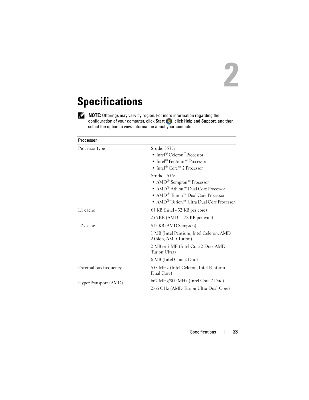 Dell 1536, 1535 manual Specifications 