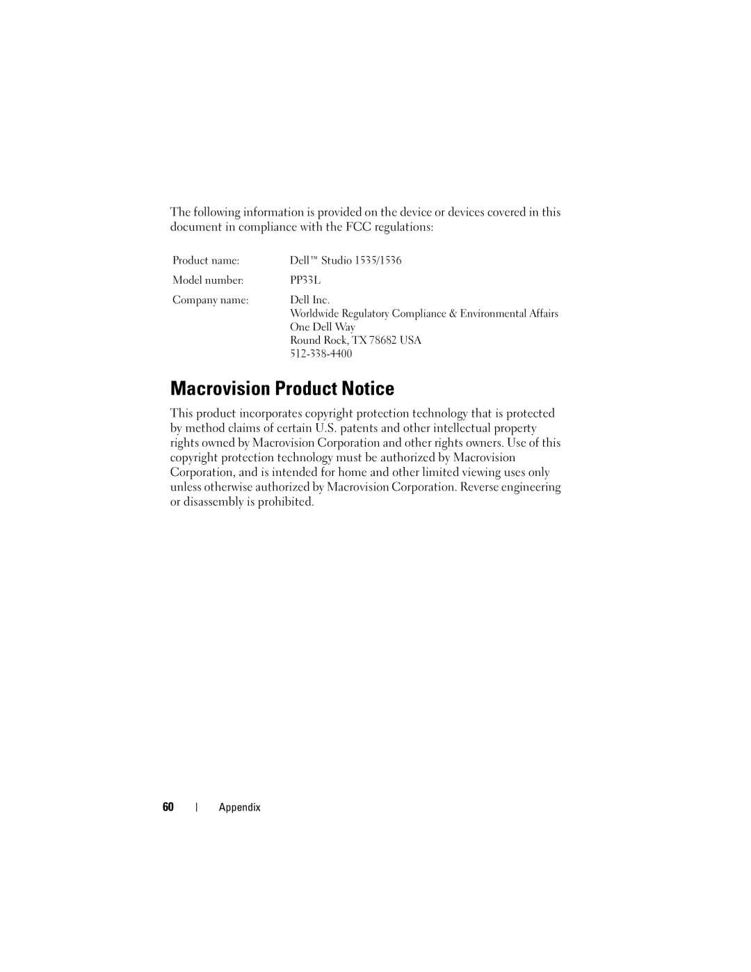 Dell 1535, 1536 manual Macrovision Product Notice, PP33L 