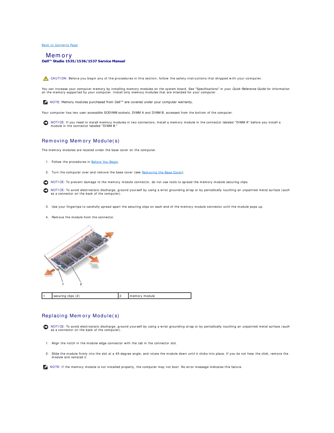 Dell 1537 manual Removing Memory Modules, Replacing Memory Modules 
