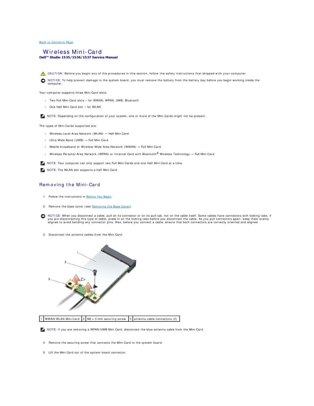 Dell 1537 manual Wireless Mini-Card, Removing the Mini-Card 