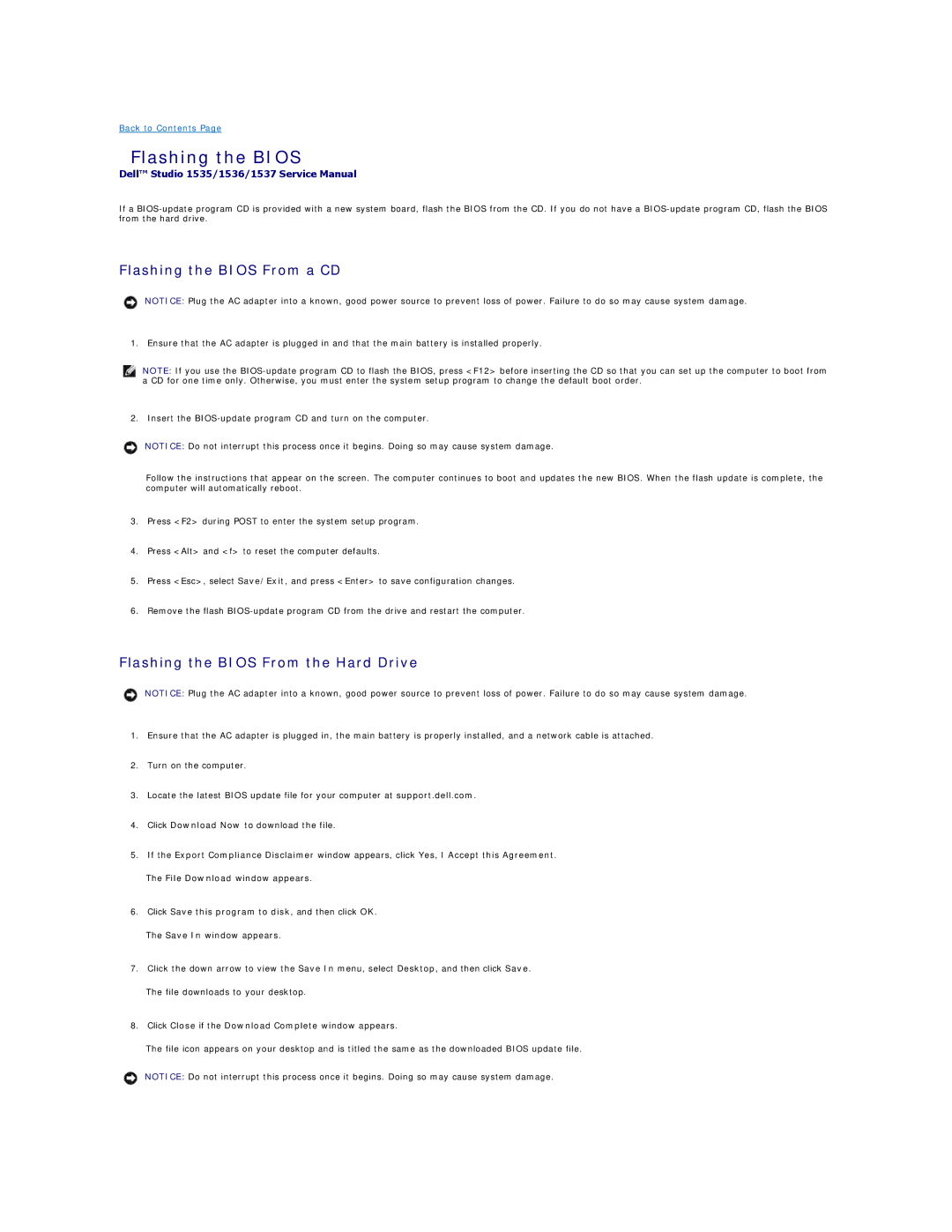 Dell 1537 manual Flashing the Bios From a CD, Flashing the Bios From the Hard Drive 