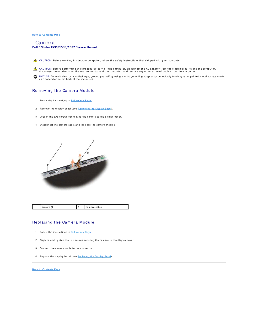 Dell 1537 manual Removing the Camera Module, Replacing the Camera Module 