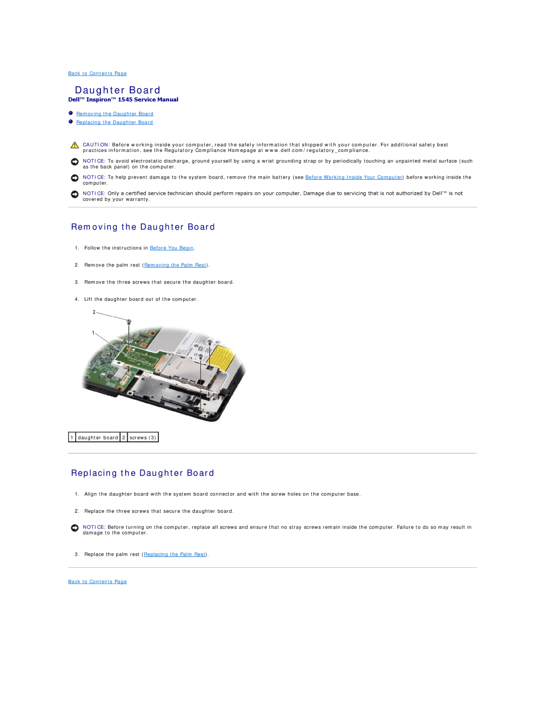 Dell I1545-3232OBK manual Removing the Daughter Board, Replacing the Daughter Board 