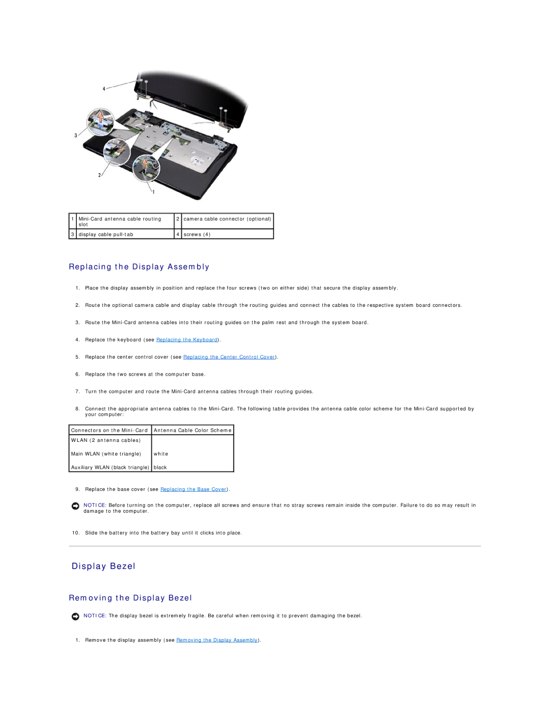 Dell I1545-3232OBK manual Display Bezel, Replacing the Display Assembly 