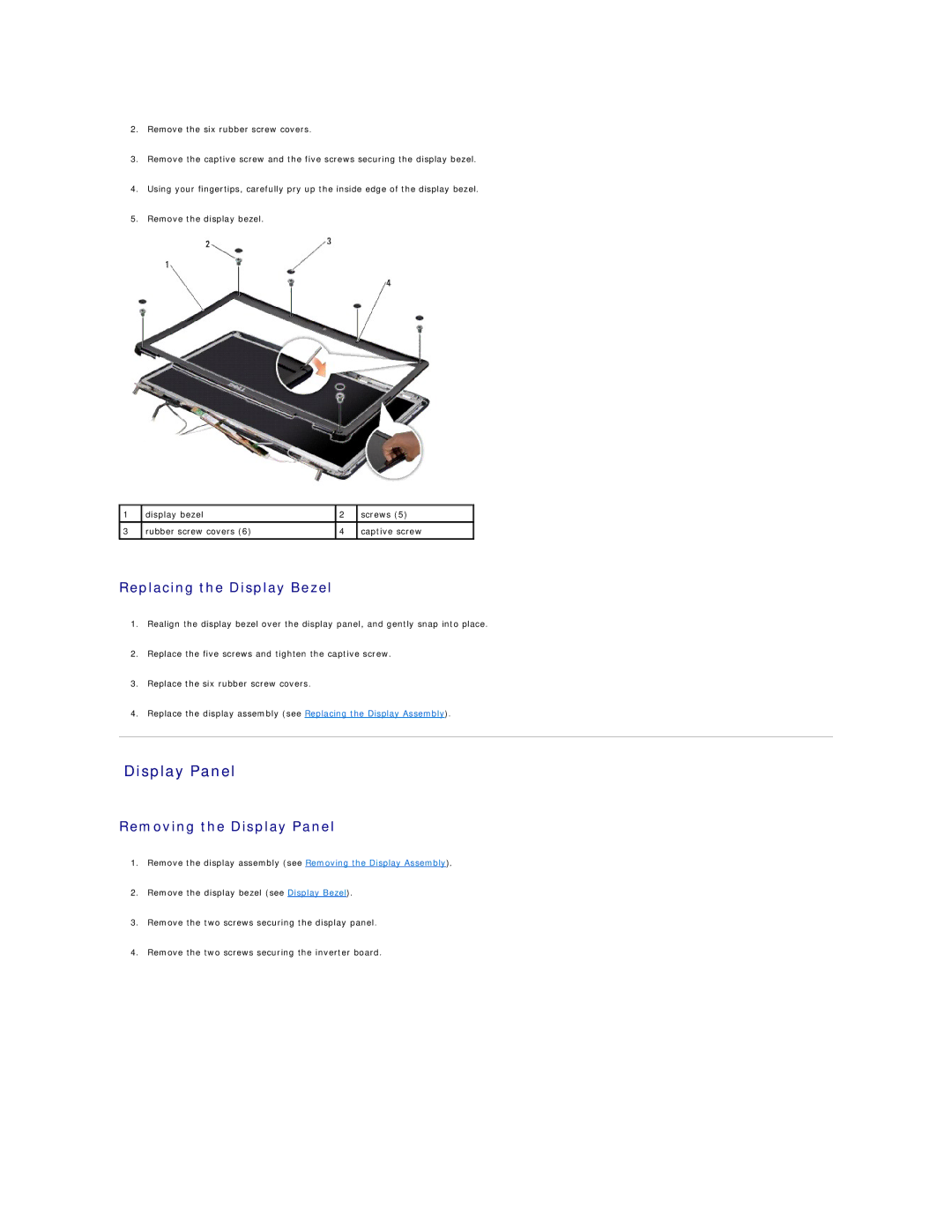 Dell I1545-3232OBK manual Display Panel, Replacing the Display Bezel 