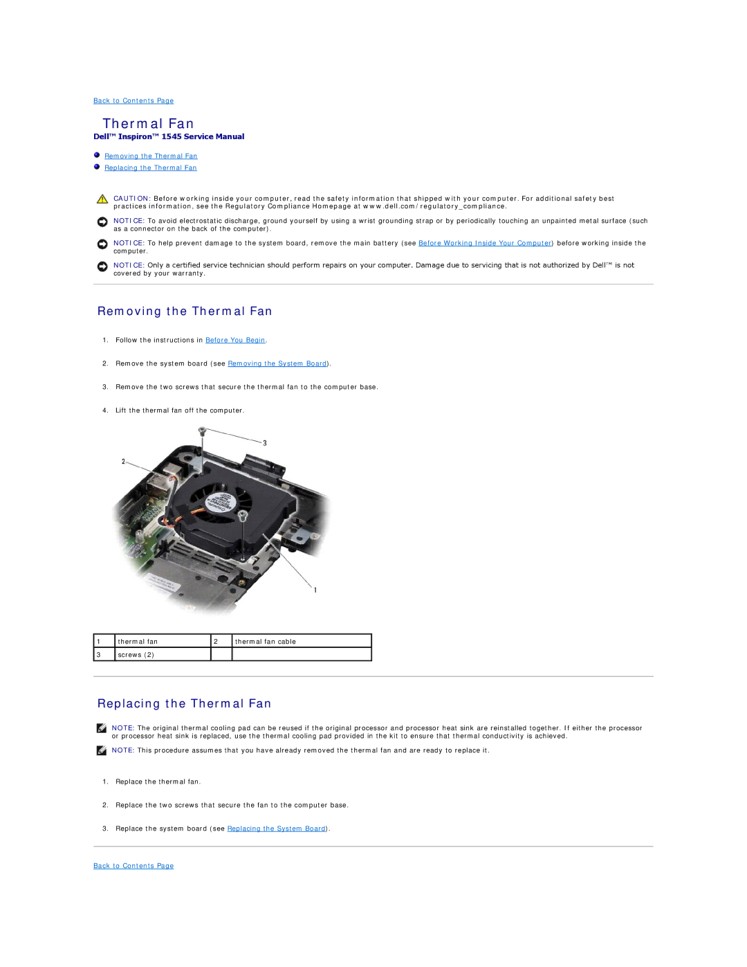 Dell I1545-3232OBK manual Removing the Thermal Fan, Replacing the Thermal Fan 