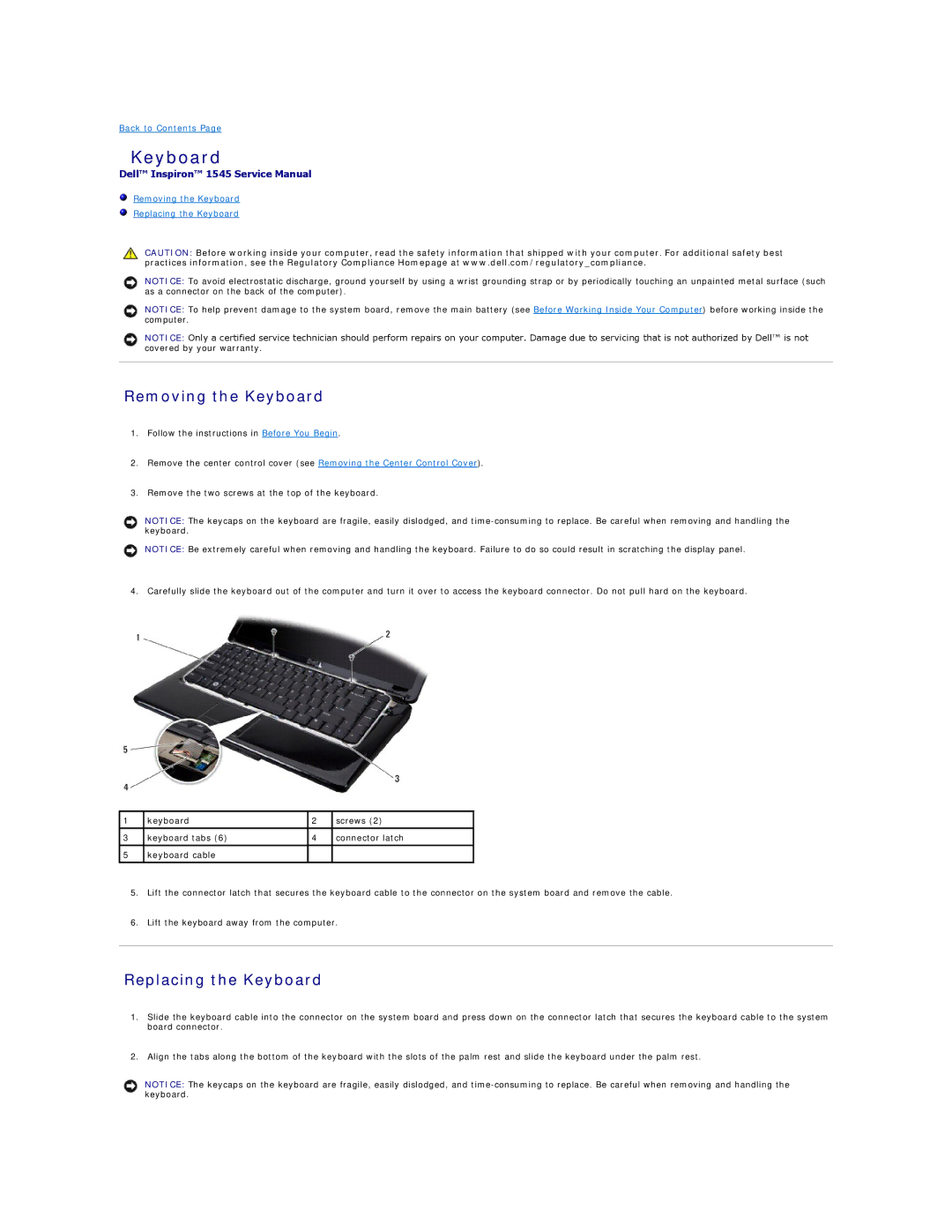 Dell I1545-3232OBK manual Removing the Keyboard, Replacing the Keyboard 