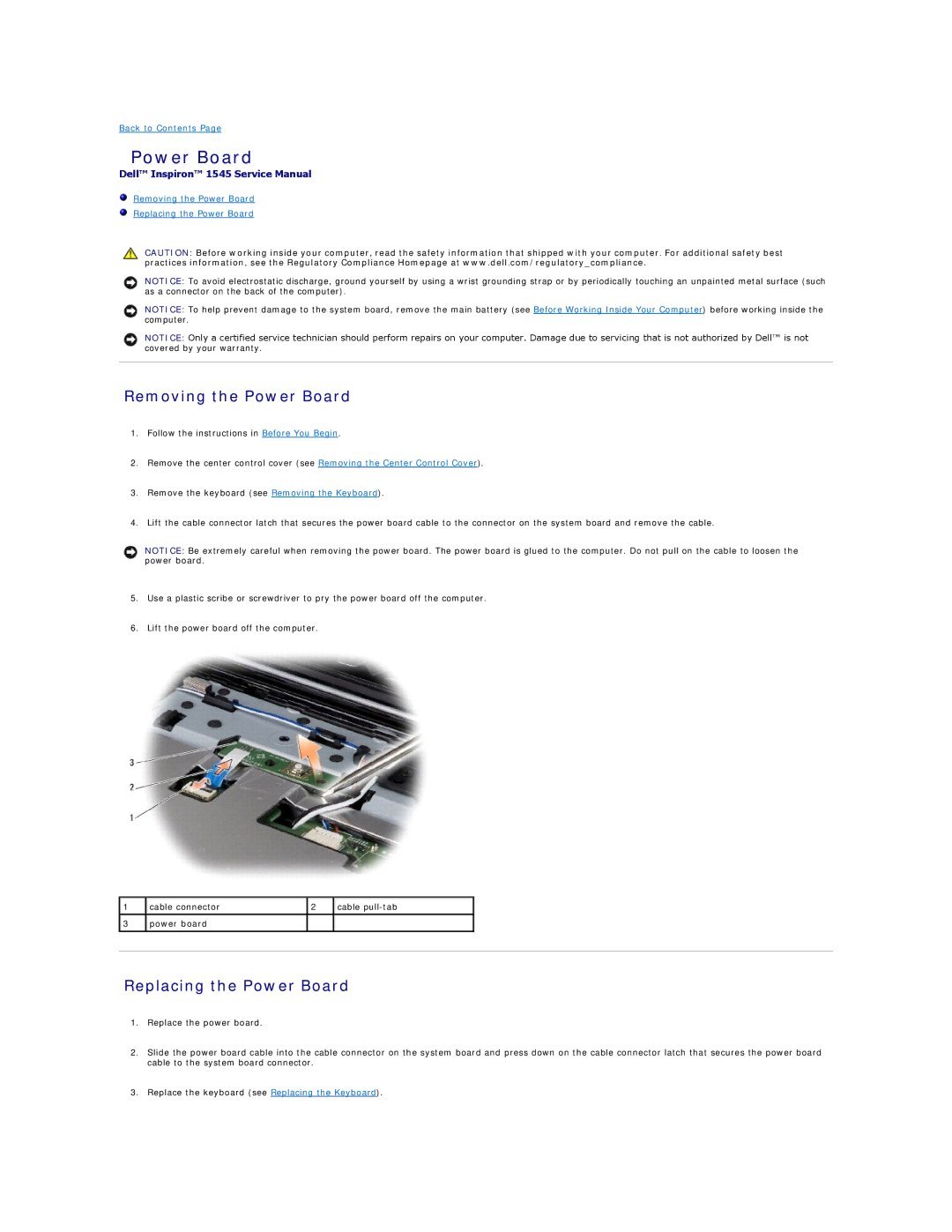 Dell I1545-3232OBK manual Removing the Power Board, Replacing the Power Board 