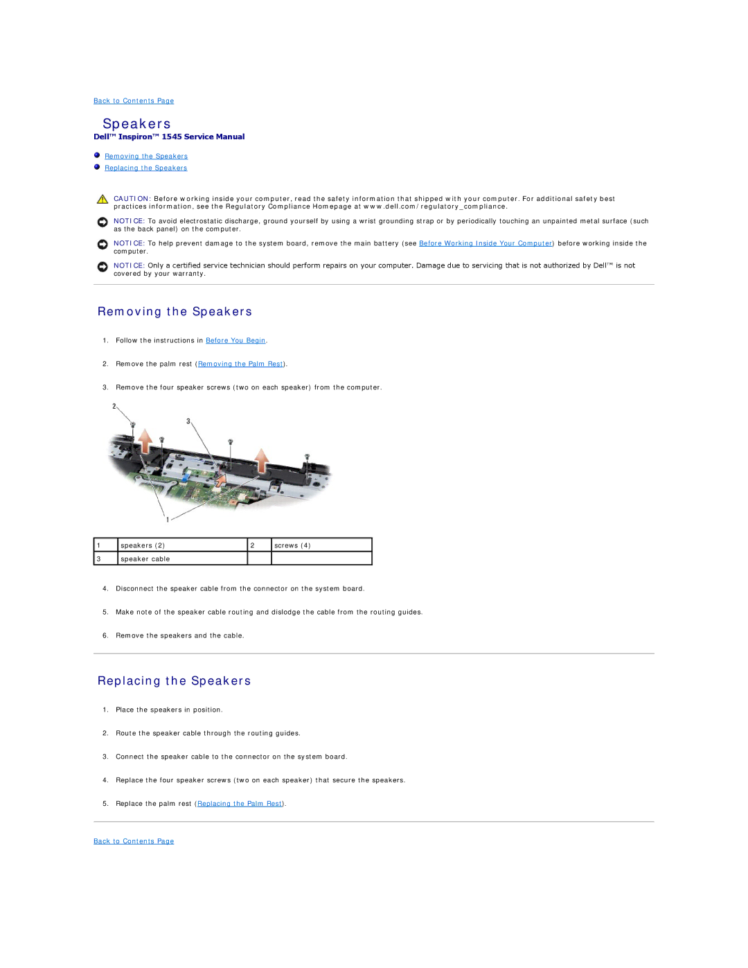 Dell I1545-3232OBK manual Removing the Speakers, Replacing the Speakers 