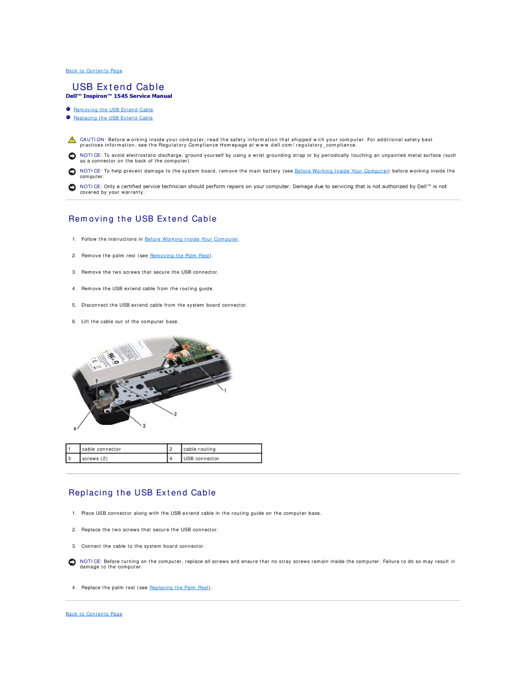 Dell I1545-3232OBK manual Removing the USB Extend Cable, Replacing the USB Extend Cable 