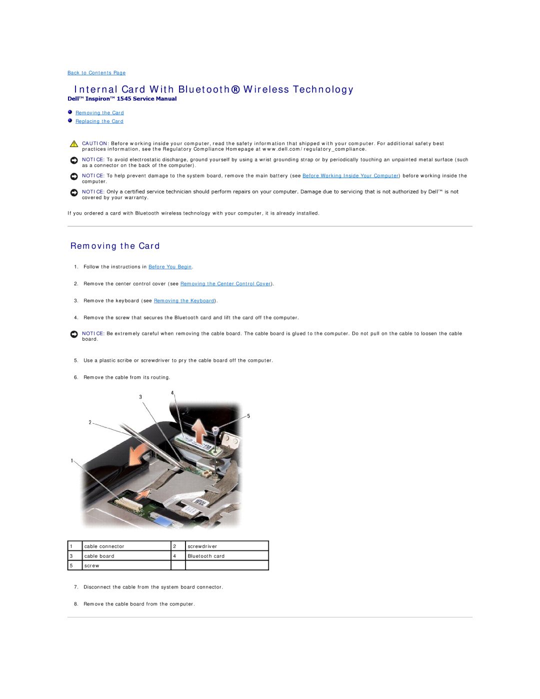 Dell 1545 manual Internal Card With Bluetooth Wireless Technology, Removing the Card 