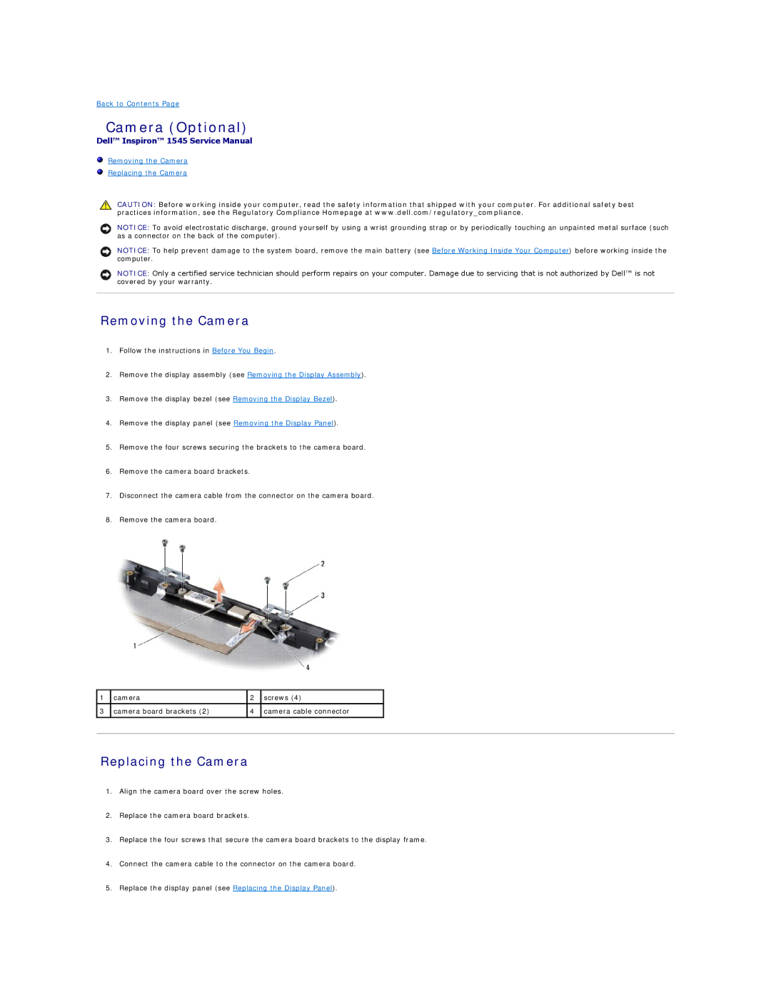 Dell 1545 manual Camera Optional, Removing the Camera, Replacing the Camera 