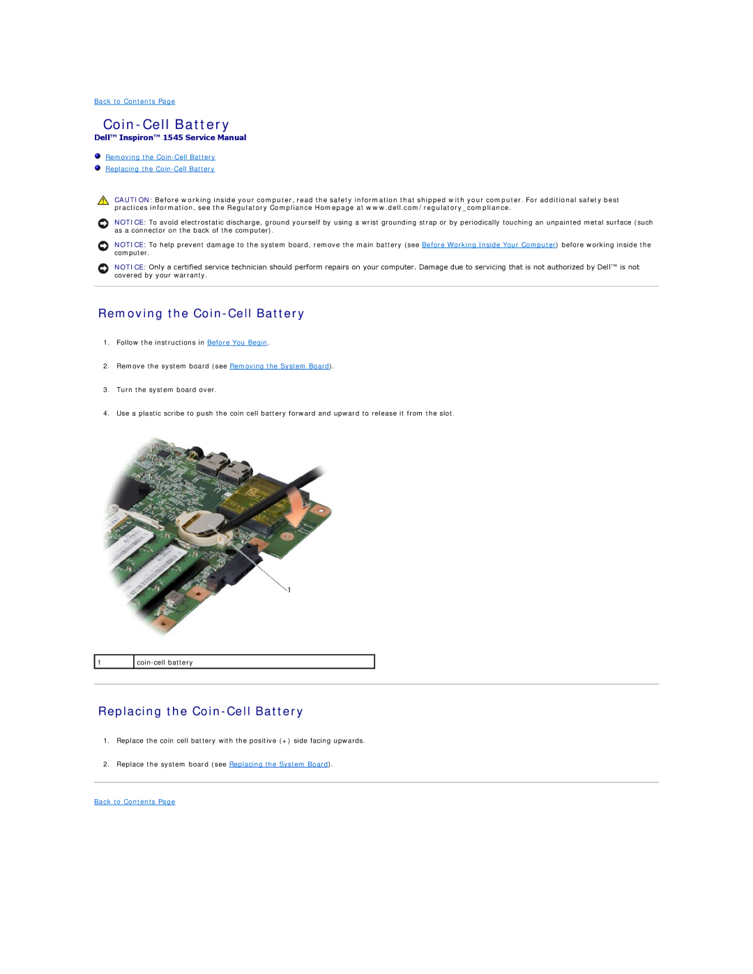 Dell 1545 manual Removing the Coin-Cell Battery, Replacing the Coin-Cell Battery 