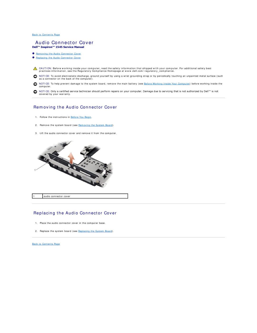 Dell 1545 manual Removing the Audio Connector Cover, Replacing the Audio Connector Cover 