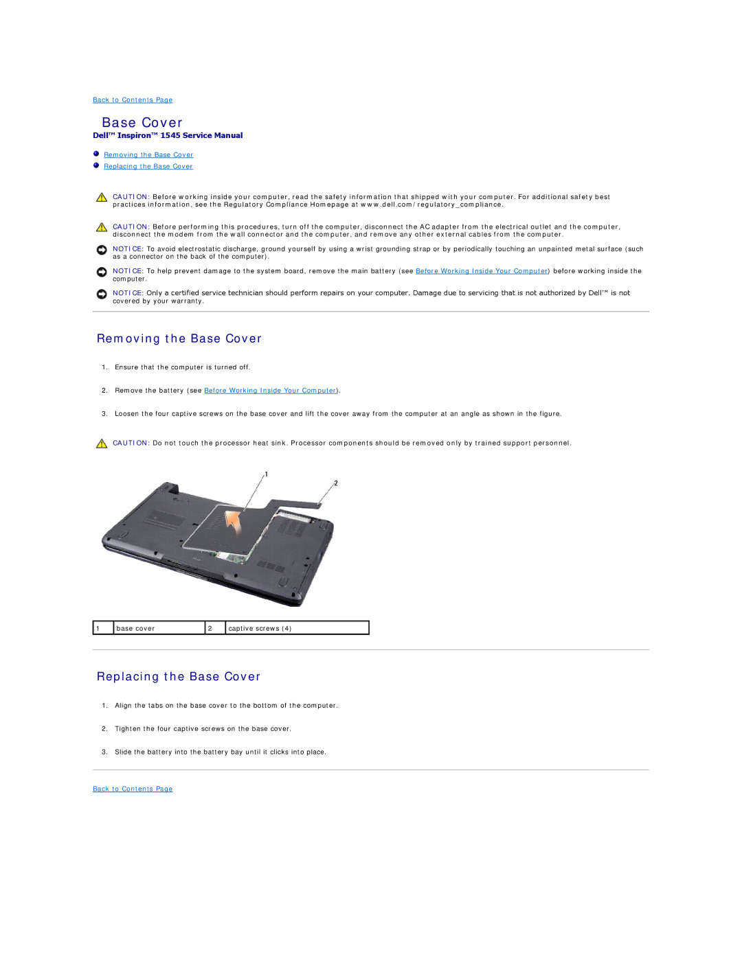 Dell 1545 manual Removing the Base Cover, Replacing the Base Cover 
