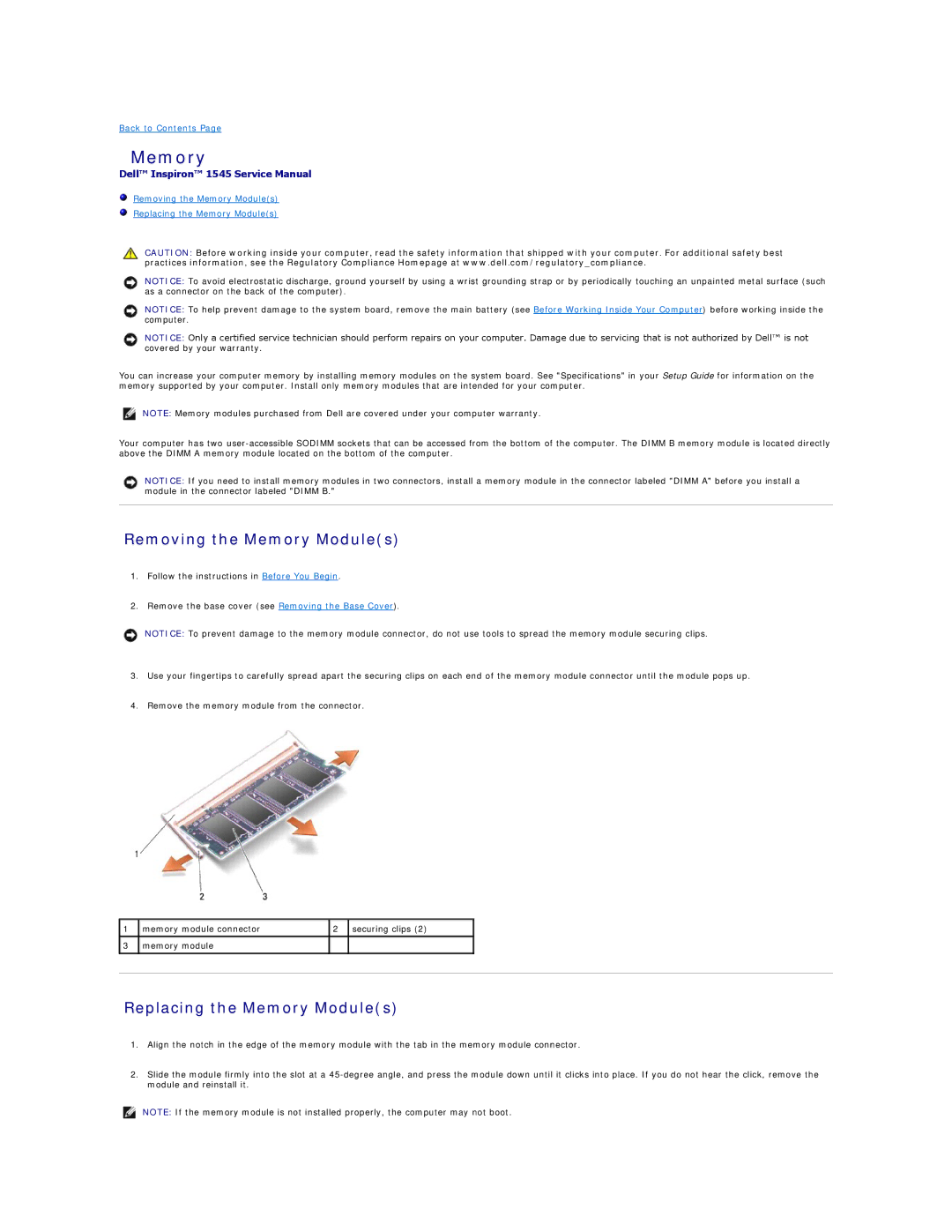 Dell 1545 manual Removing the Memory Modules, Replacing the Memory Modules 