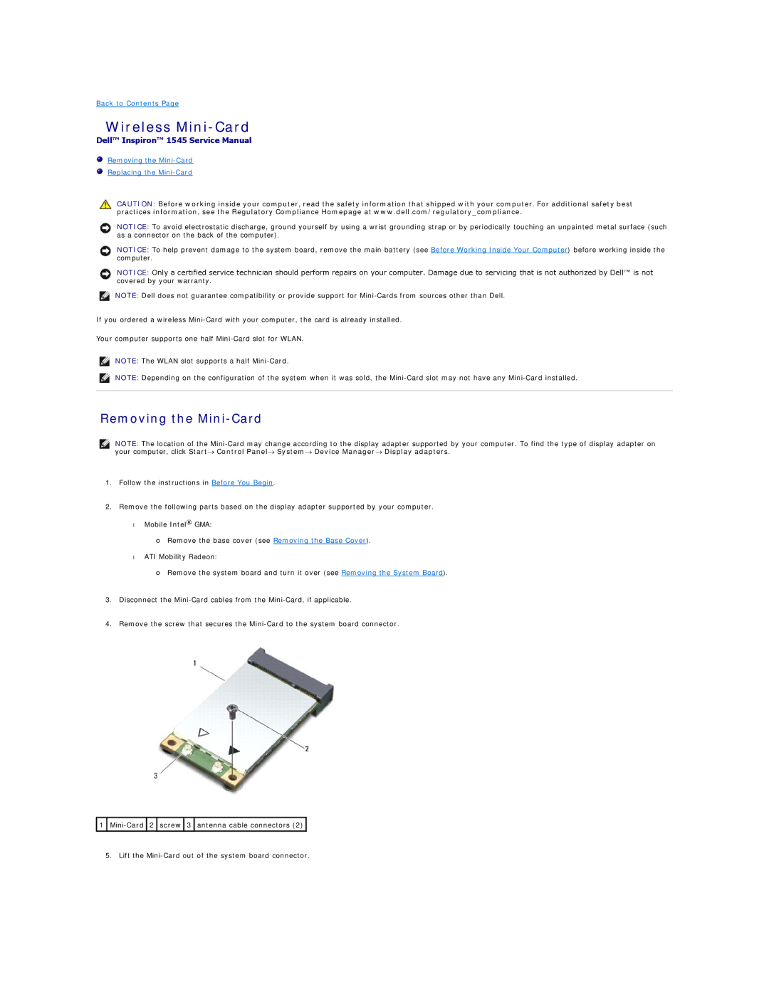 Dell 1545 manual Wireless Mini-Card, Removing the Mini-Card 