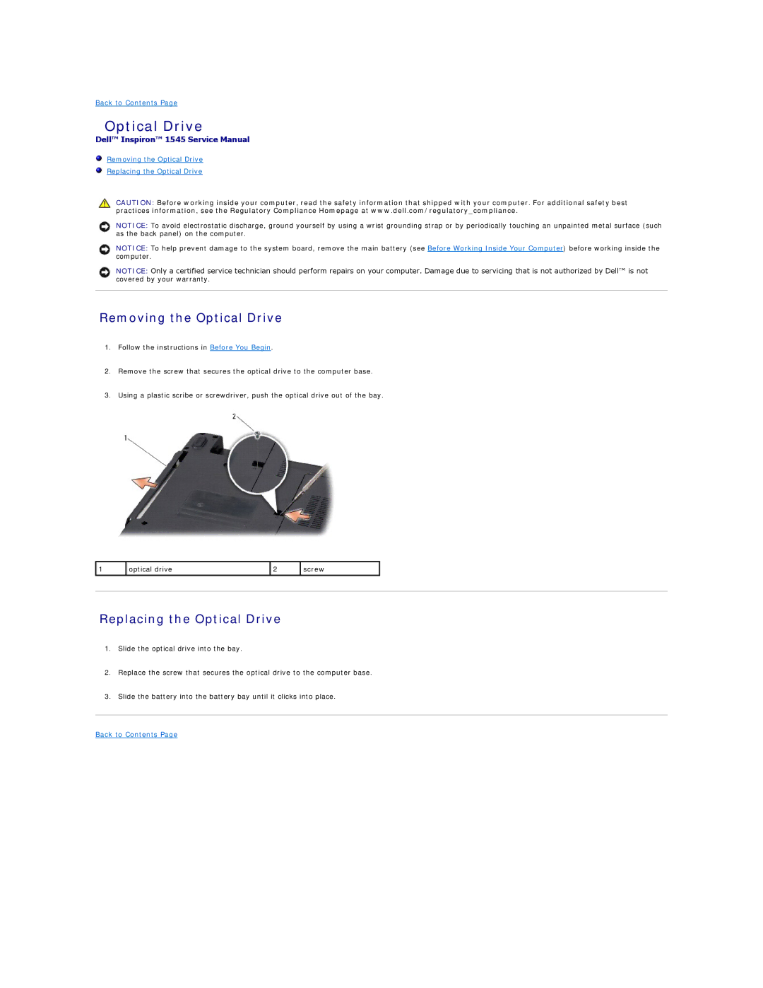 Dell 1545 manual Removing the Optical Drive, Replacing the Optical Drive 