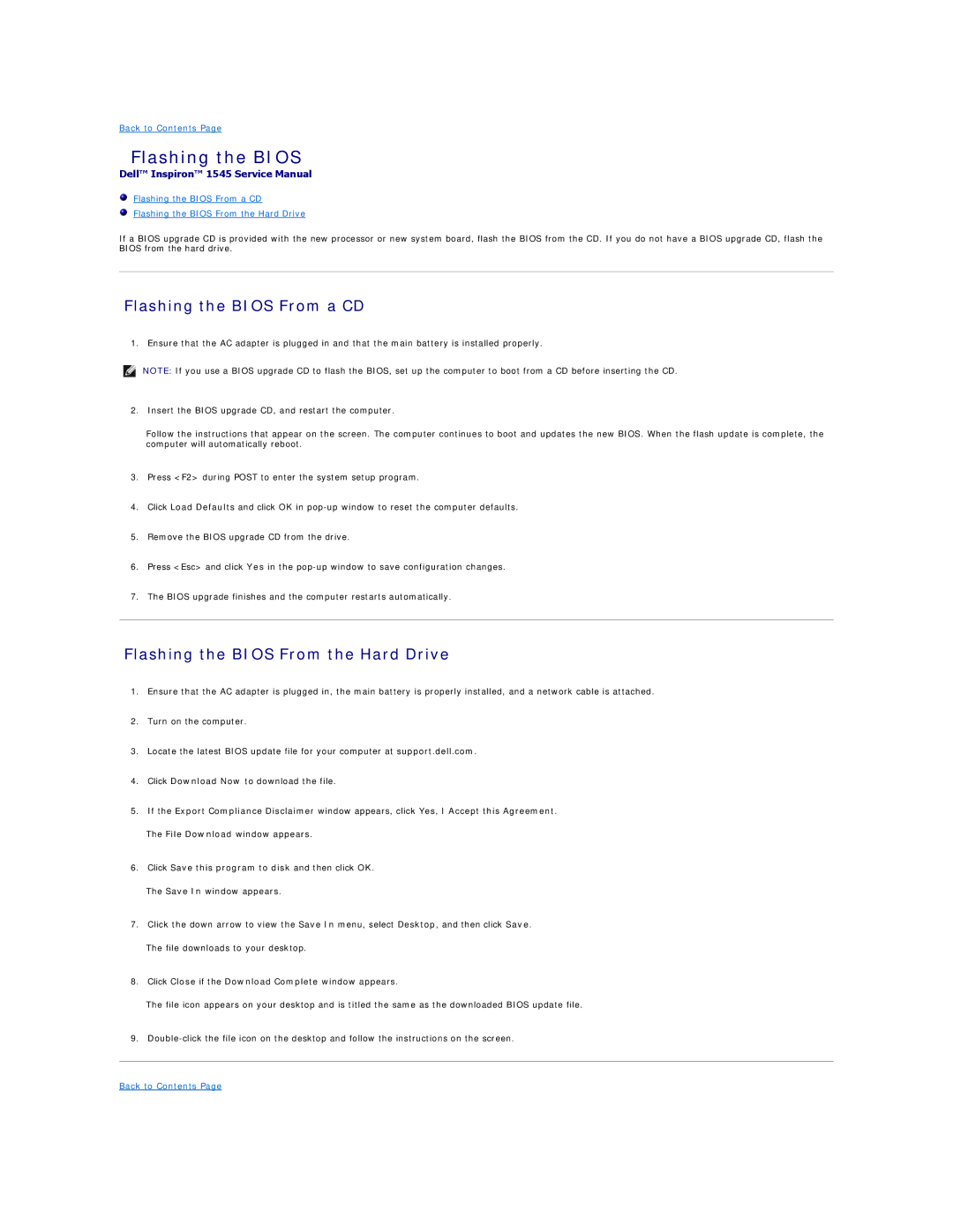 Dell 1545 manual Flashing the Bios From a CD, Flashing the Bios From the Hard Drive 