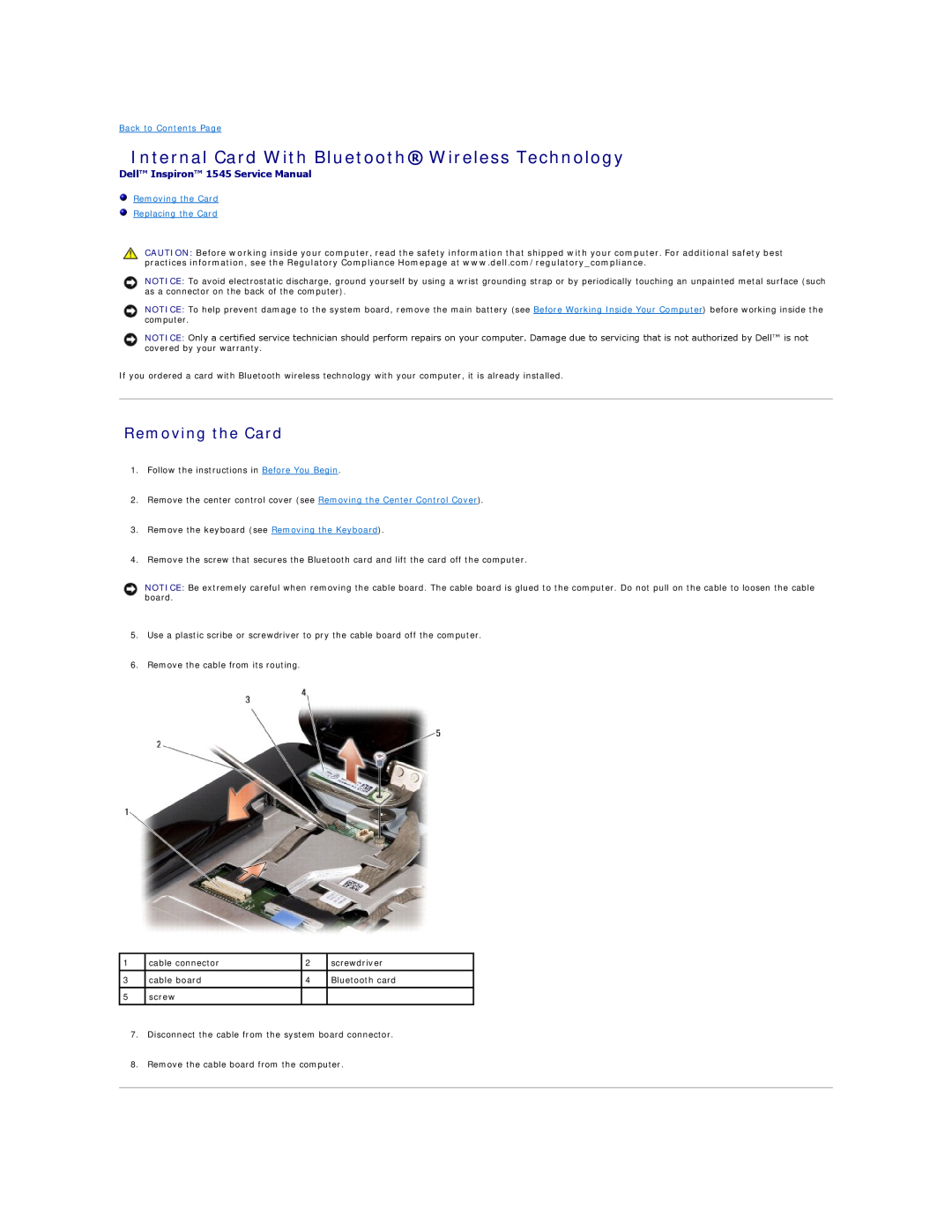 Dell 1545 manual Internal Card With Bluetooth Wireless Technology, Removing the Card Replacing the Card 