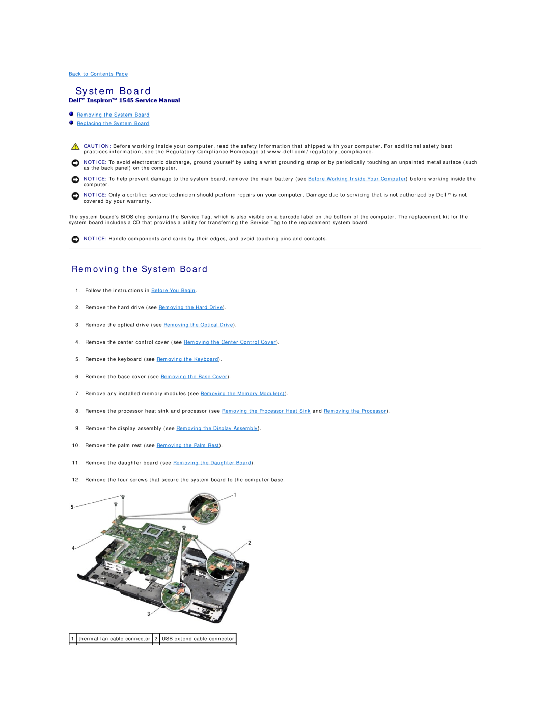 Dell manual Removing the System Board Replacing the System Board, Dell Inspiron 1545 Service Manual 