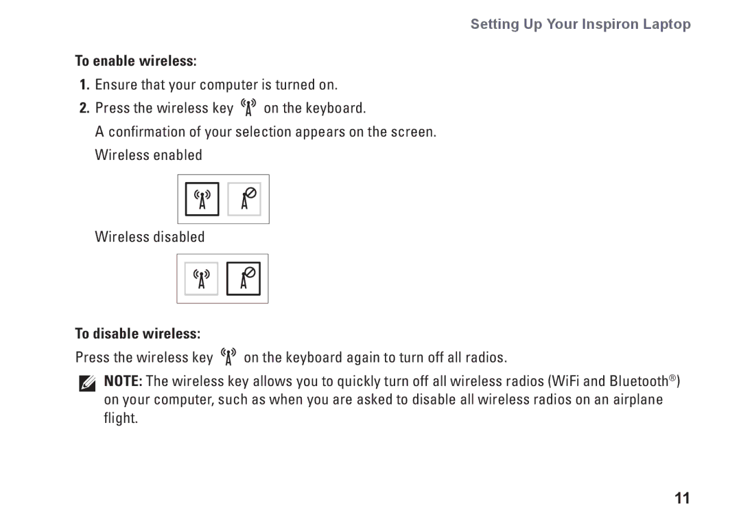 Dell 1546, P02F001, 0F2GGFA00 setup guide To enable wireless, To disable wireless 