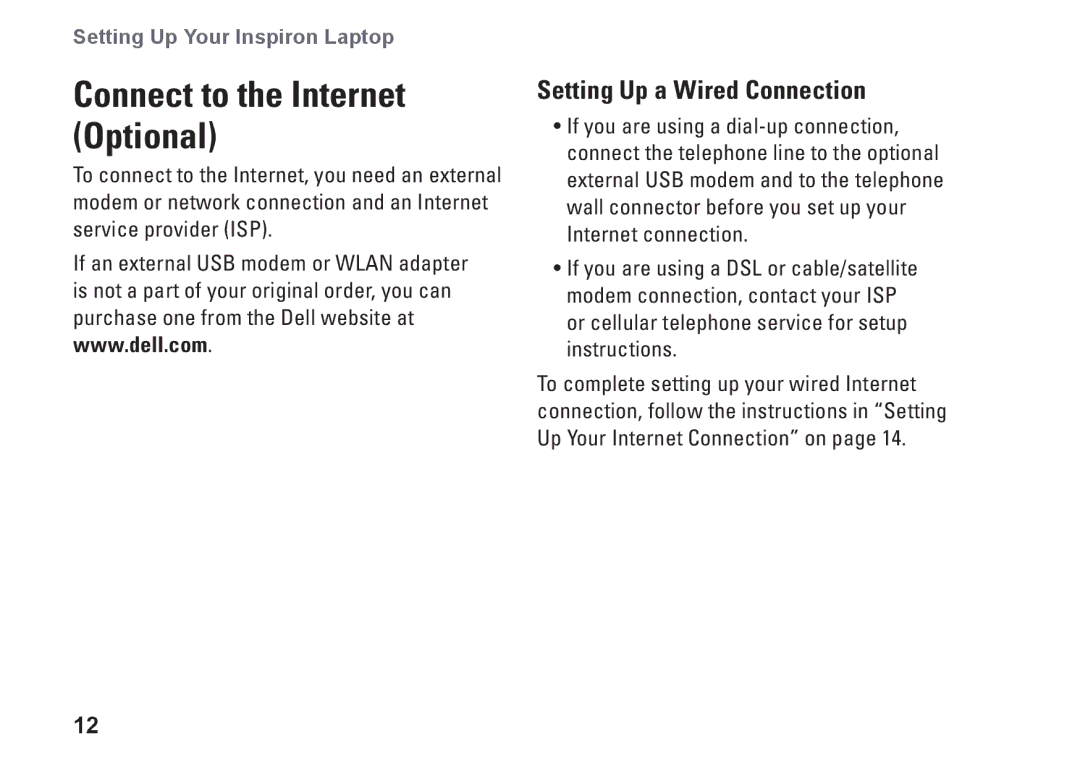 Dell 0F2GGFA00, 1546, P02F001 setup guide Connect to the Internet Optional, Setting Up a Wired Connection 