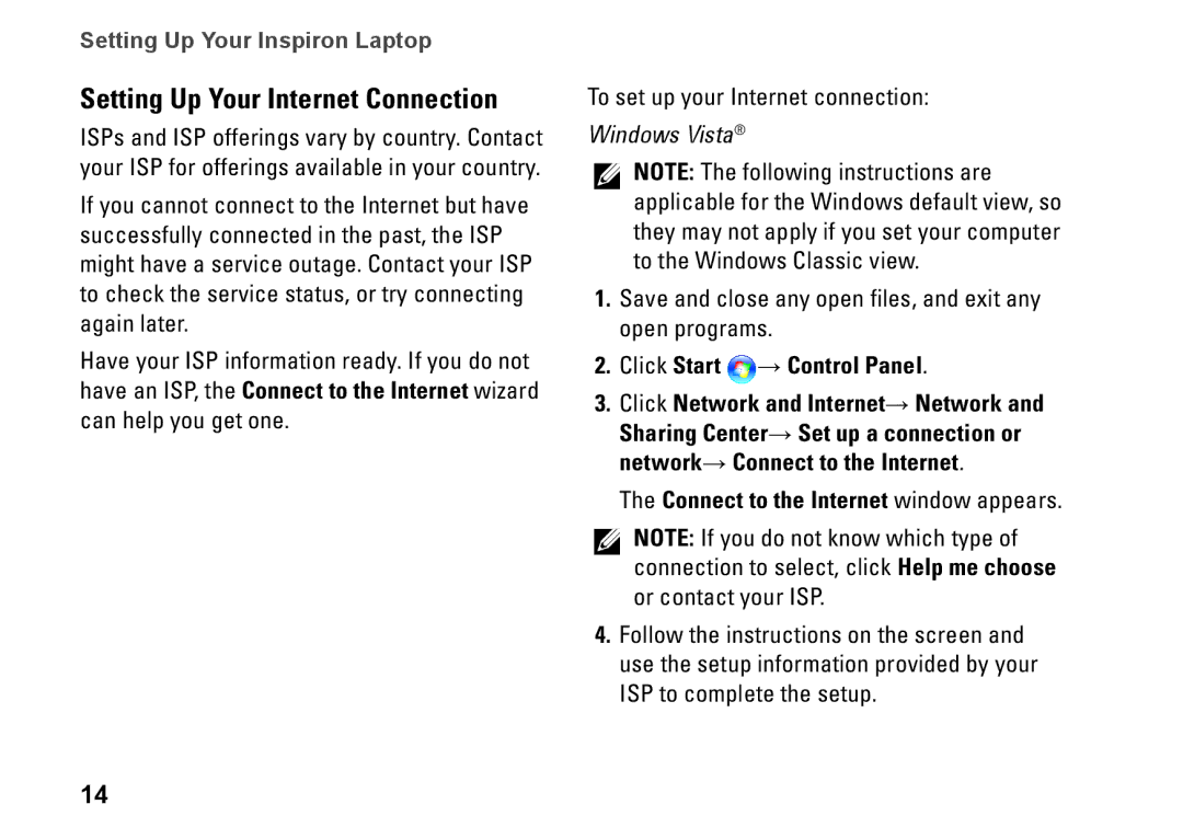 Dell P02F, 1546 Setting Up Your Internet Connection, Click Start → Control Panel, Connect to the Internet window appears 