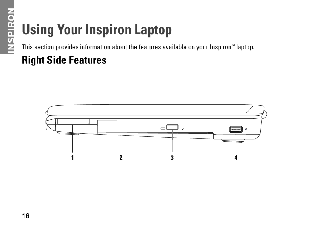 Dell 1546, P02F001, 0F2GGFA00 setup guide Using Your Inspiron Laptop, Right Side Features 