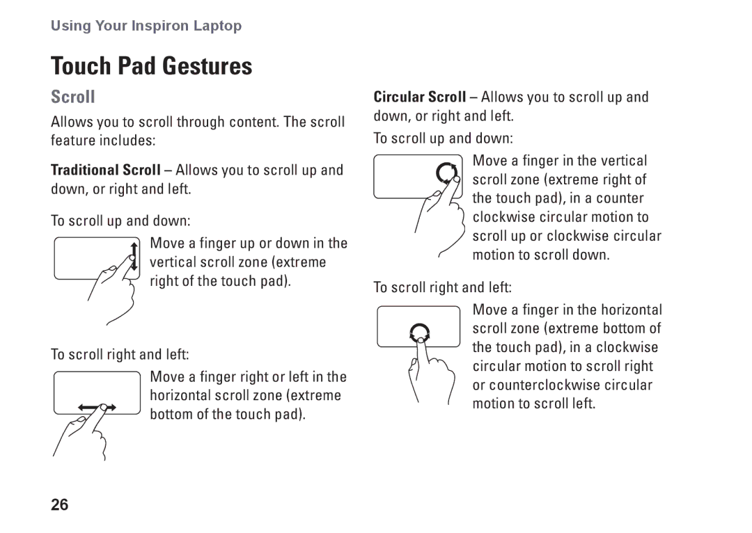 Dell 1546, P02F001, 0F2GGFA00 setup guide Touch Pad Gestures, Scroll 