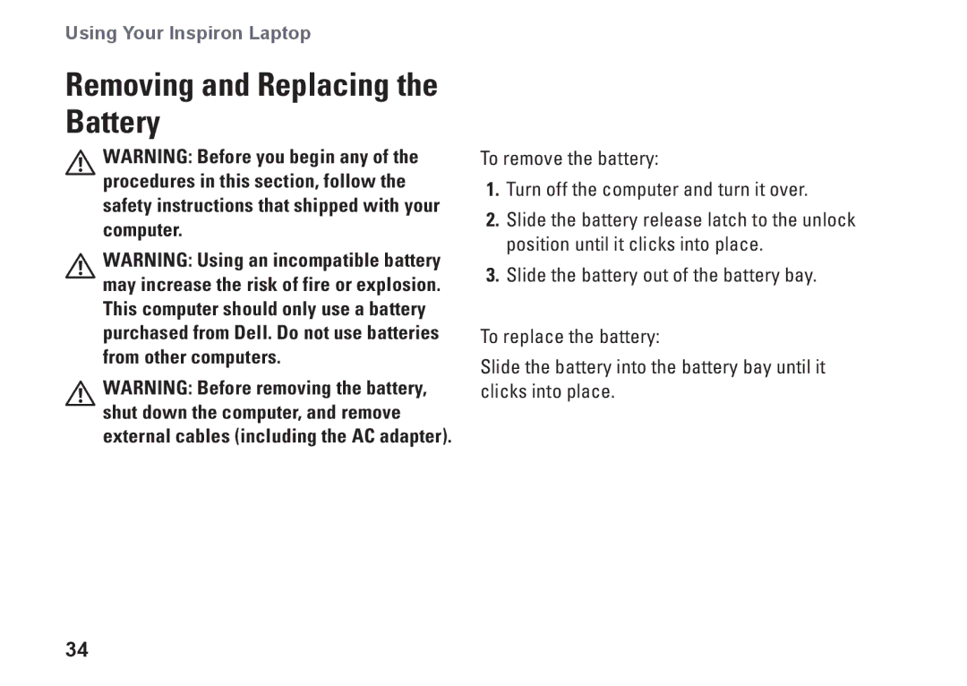 Dell 1546, P02F001, 0F2GGFA00 setup guide Removing and Replacing the Battery 