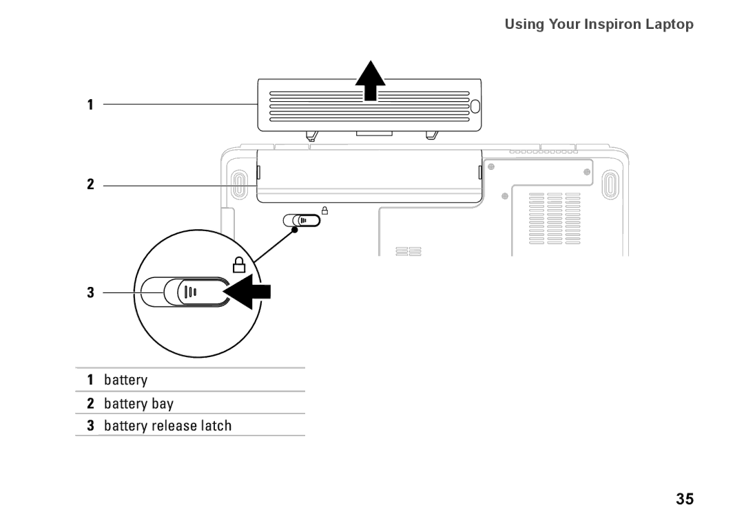 Dell P02F001, 1546, 0F2GGFA00 setup guide Battery Battery bay Battery release latch 