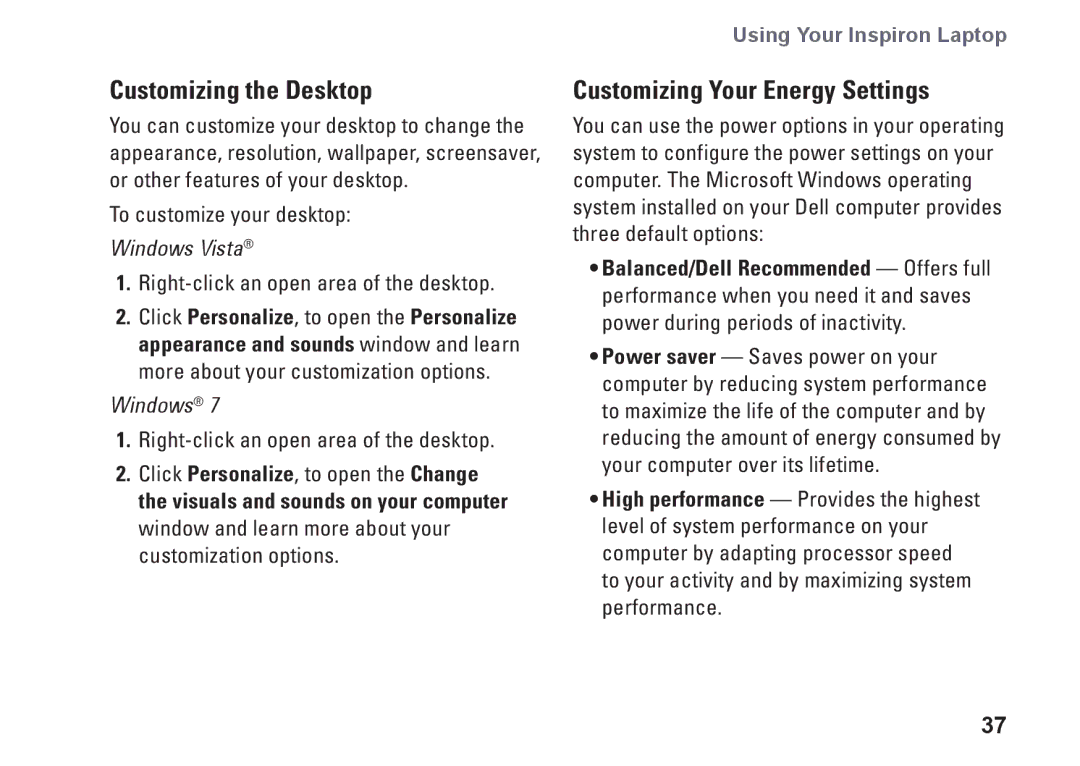 Dell 0F2GGFA00, 1546, P02F001 setup guide Customizing the Desktop, Customizing Your Energy Settings 