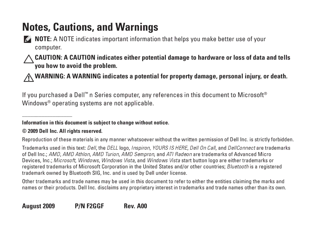 Dell 0F2GGFA00, 1546, P02F001 setup guide August 2009 P/N F2GGF Rev. A00 