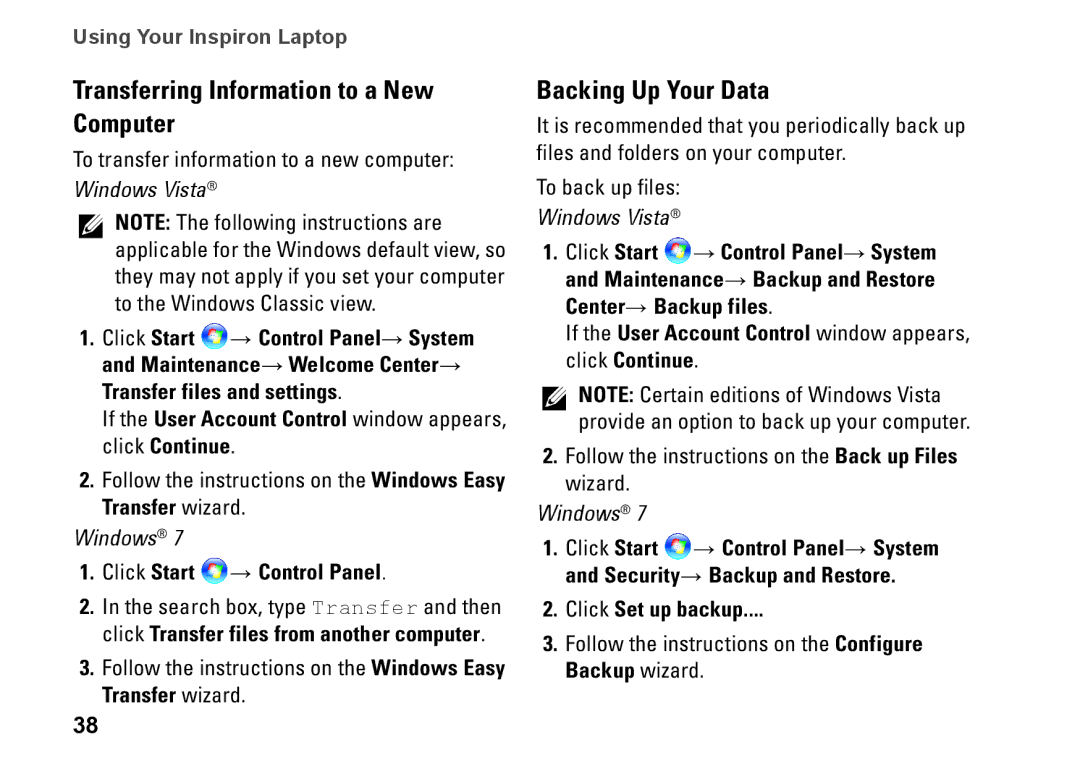 Dell 1546, P02F001, F2GGF Transferring Information to a New Computer, Backing Up Your Data, Click Set up backup 